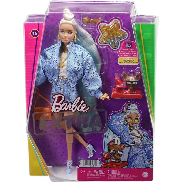 בובת ברבי אקסרה עם כלב צ'יוואווה | Barbie Extra Doll in Light Blue Skirt & Jacket with Chihuahua Pet