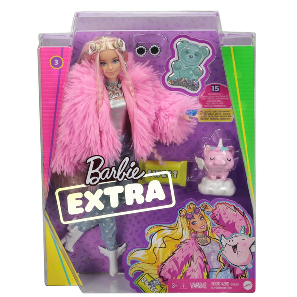 בובת ברבי אקסרה עם חד קרן | Barbie Extra Doll in Pink Coat with Unicorn-Pig Pet